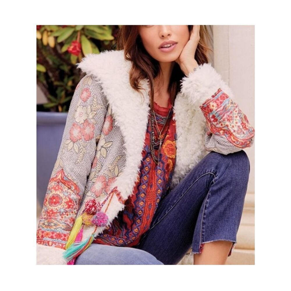 Johnny Was Biya Quarda Floral Faux Shearling Hooded Jacket Size M - Picture 16 of 16